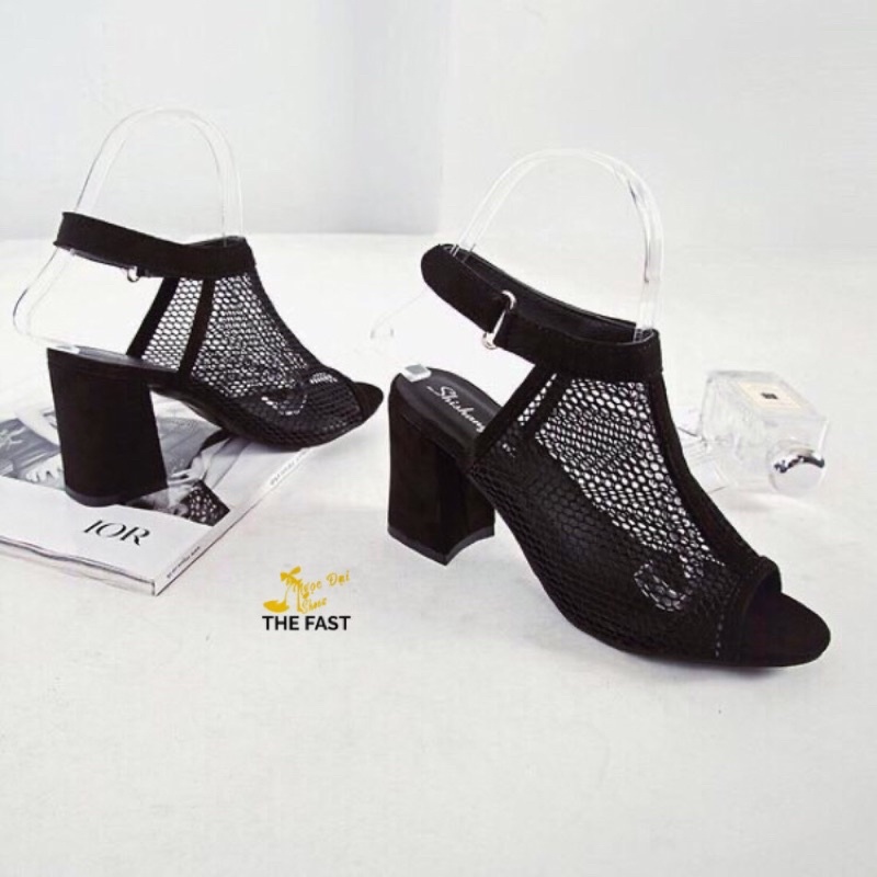 Bốt lưới hở mũi thời trang gót thô mới NĐ01