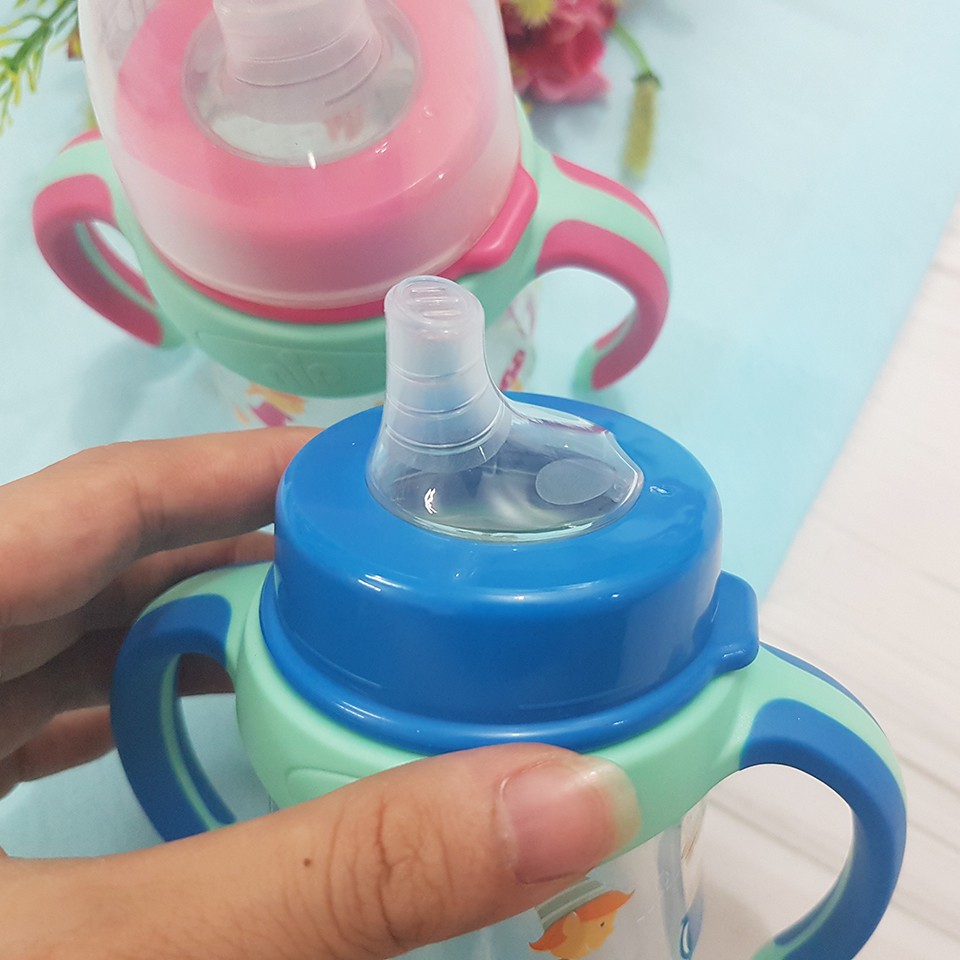 Bình Tập Uống Nip Cổ Rộng 150ml, Có Tay Cầm Và Đầu Hút Silicone Siêu Mềm