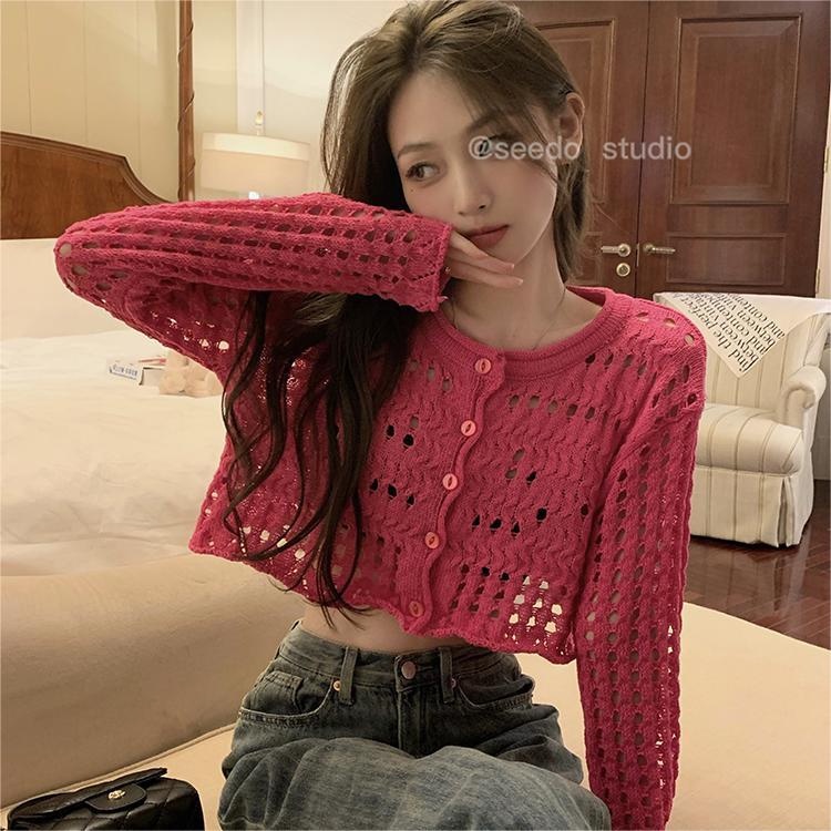 Áo khoác cardigan ZHELIHANGFEI vải dệt kim tay dài eo cao quyến rũ dễ phối đồ