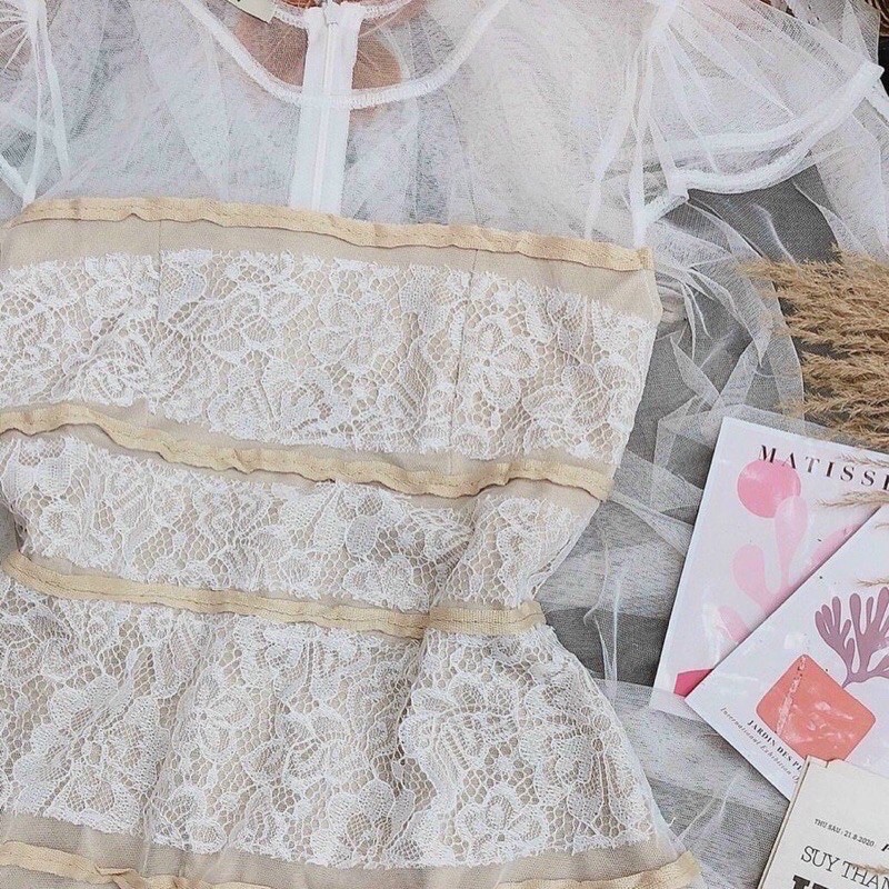 Đầm xoè ren viền màu nude