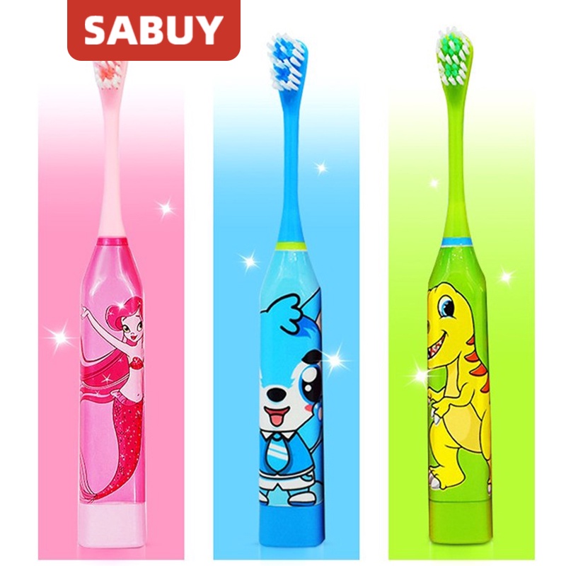 SABUY Bàn Chải Đánh Răng Điện Kèm 2 Đầu Bàn Chải Chống Thấm Nước Kiểu Hoạt Hình Dễ Thương Cho Bé