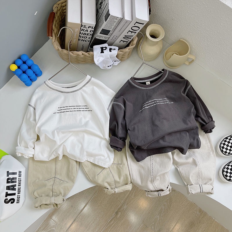Áo Thun Cotton Tay Dài Cổ Tròn In Chữ Phong Cách Hàn Quốc Thời Trang Mùa Thu Cho Bé