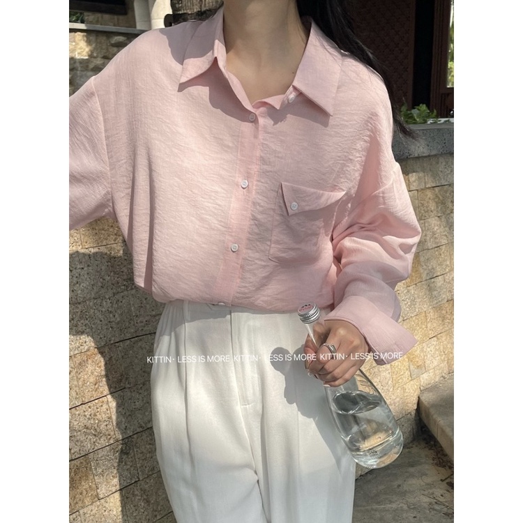 Áo sơ mi nữ dài tay túi lệch vải đũi nhăn màu Hàn Quốc