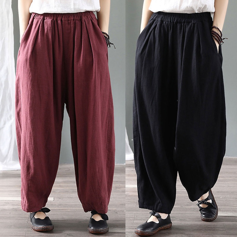 Brroa Quần Baggy Ống Rộng Lưng Thun Màu Trơn Cho Nữ