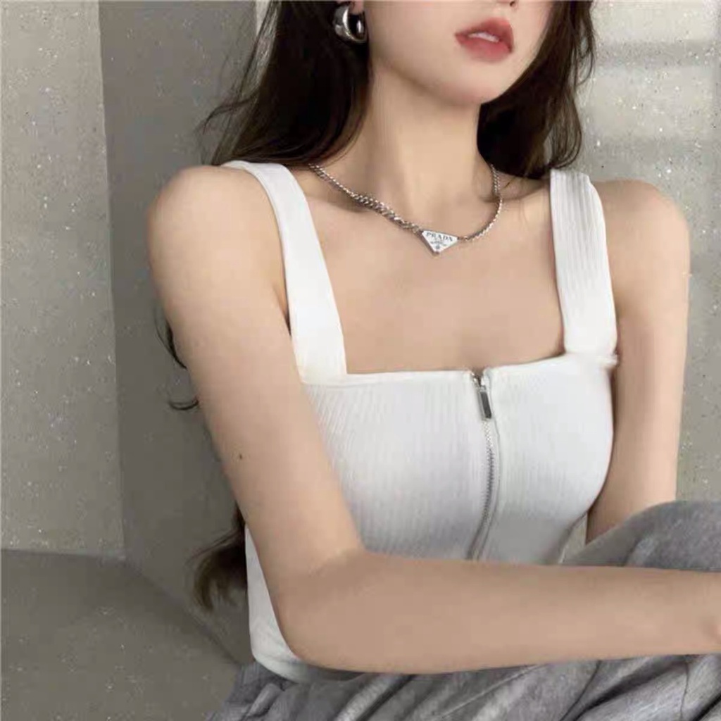Áo croptop hai dây Forgirl thun gân phối khoá quyến rũ
