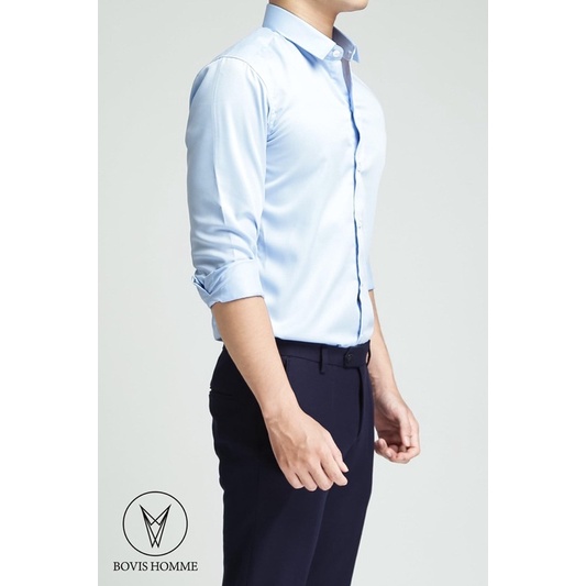 Áo sơ mi nam Bovis Homme tay dài SD006, màu xanh dương nhạt, Form slim, chất liệu modal, mặt vải mềm mượt, thoáng mát