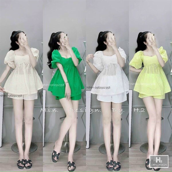 Sét bộ đồ nữ cộc tay cổ vuông tay bồng ngắn - kèm quần đùi chất óng ánh cao cấp vải mềm kiểu dáng babydoll cực xinh B007