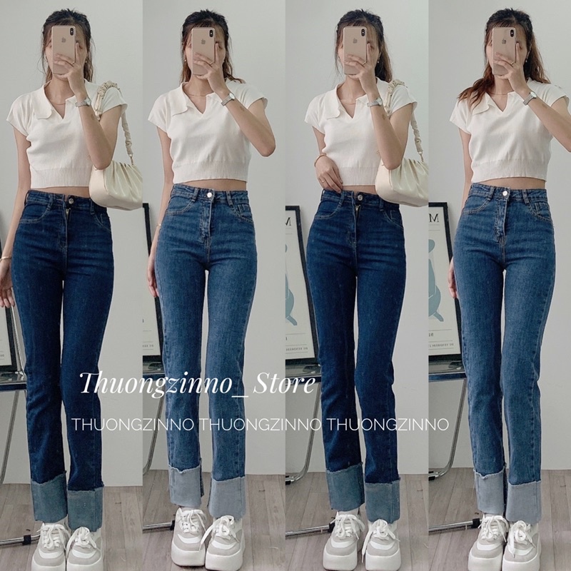 Quần bò gập gấu ống đứng phog cách cổ điển độc đáo Quần jeans ống đứngGập Gấu Co Giãn Hàn Quốc Lưng Cao