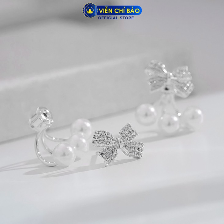 Bông tai bạc nữ hình nơ đính đá hạt châu chất liệu bạc 925 thời trang phụ kiện trang sức nữ Viễn Chí Bảo B400051