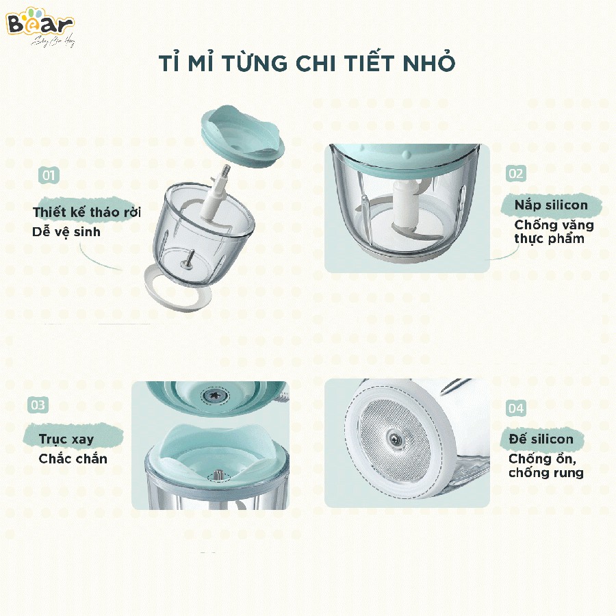 Máy xay ăn dặm cho bé mini đa năng 0.6L Bear QSJ-D02Q1, 6 lưỡi, CS 200W, xay thịt cá rau củ quả thực phẩm, BH 18 tháng