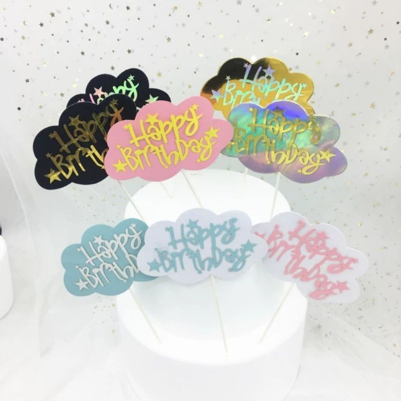 Que cắm HPBD đám mây tráng gương lấp lánh trang trí bánh kem, topper cake
