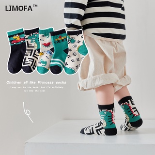 LJMOFA KIDS 5 cặp phù hợp với trẻ em 1-12 tuổi bông vớ hoạt hình khủng long mô hình xe ô tô bé gái trung bình vớ mùa thu và mùa đông thông gió, hấp thụ mồ hôi mềm mại và thoải mái ấm ấm dẻo trẻ em học sinh vớ vớ trẻ em bán buôn