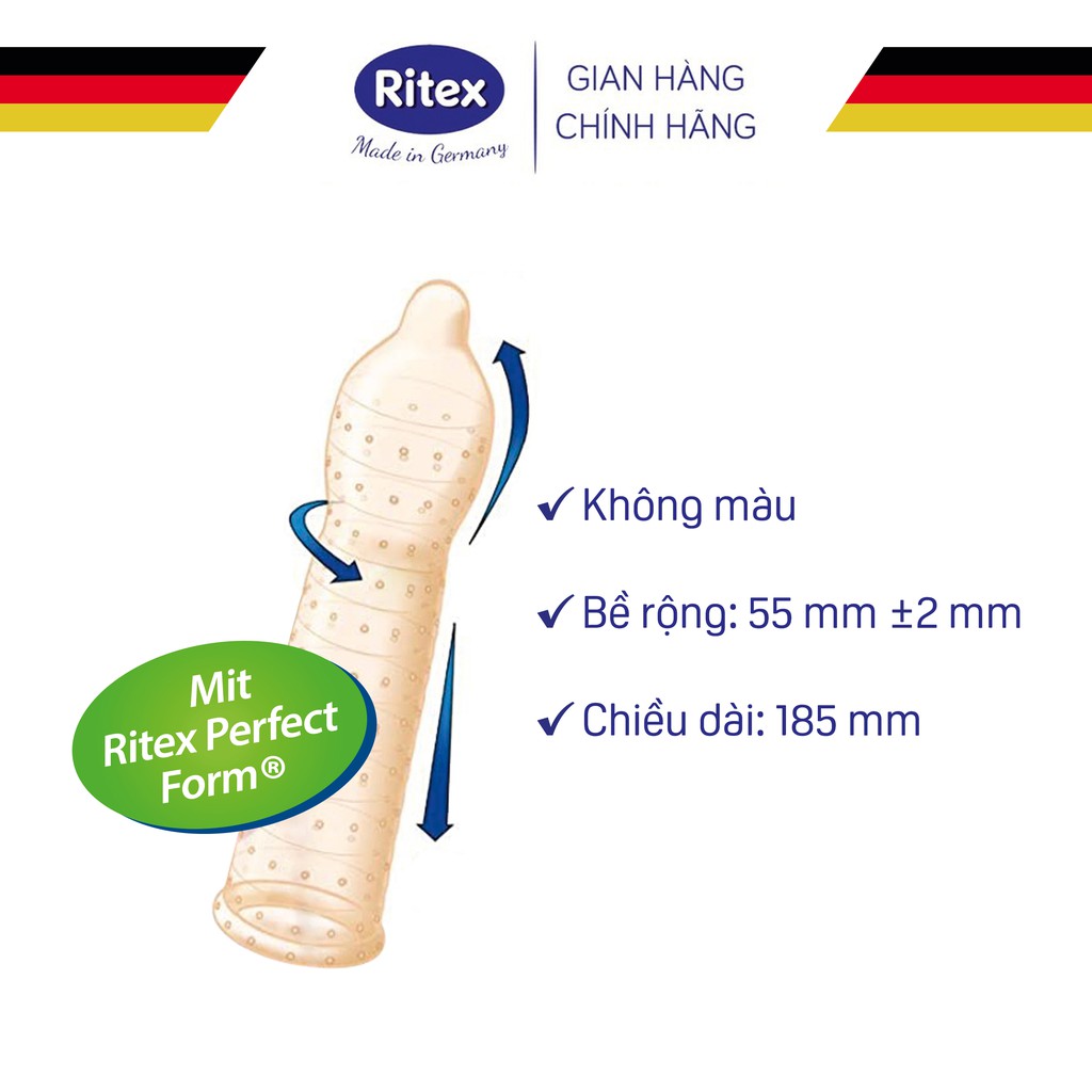 Bao cao su Ritex Lust gân gai tăng khoái cảm, bôi trơn, size 55mm, hộp 8 bao