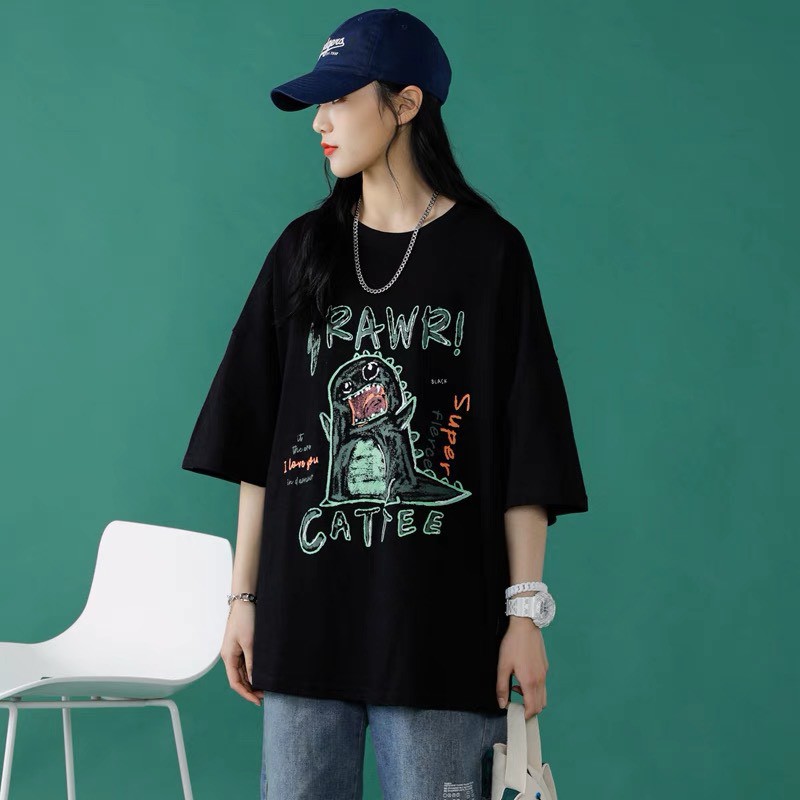 Áo thun tay lỡ Unisex form rộng nam nữ đều mặc được hình in khủng long RAWR RÔ STORE AT08