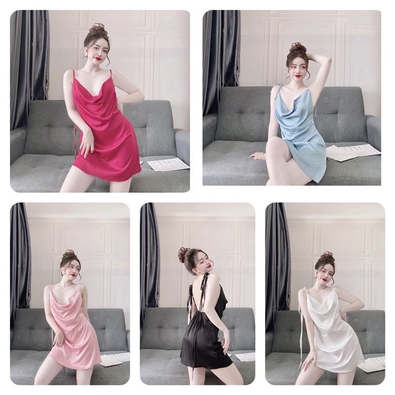 Đầm Ngủ Lụa Latin Sexy Nữ, Đồ Bộ Lụa 2 Dây Nữ, Váy Ngủ Nữ Cổ Đỗ Latin Nữ kèm Quần, Freesize &lt; 60kg