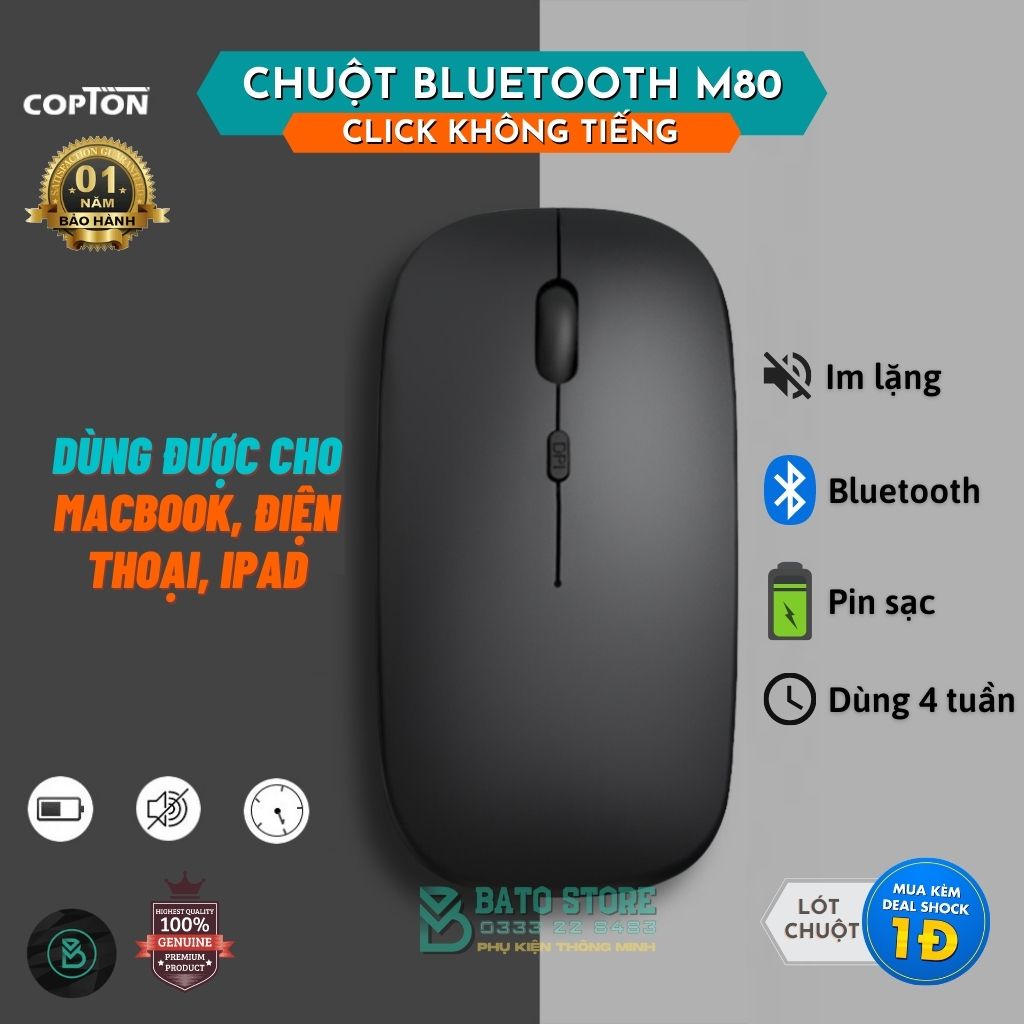 Chuột Không Dây Bluetooth M80 Đen Nhám Pin Sạc Cao Cấp Kiểu Dáng Sang Trọng, Pin Sạc Dùng Cực Lâu, Dùng được cho MACBOOK