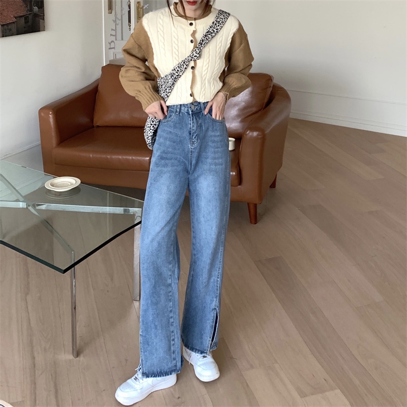 Quần jeans dài lưng cao ống rộng thời trang cho nữ