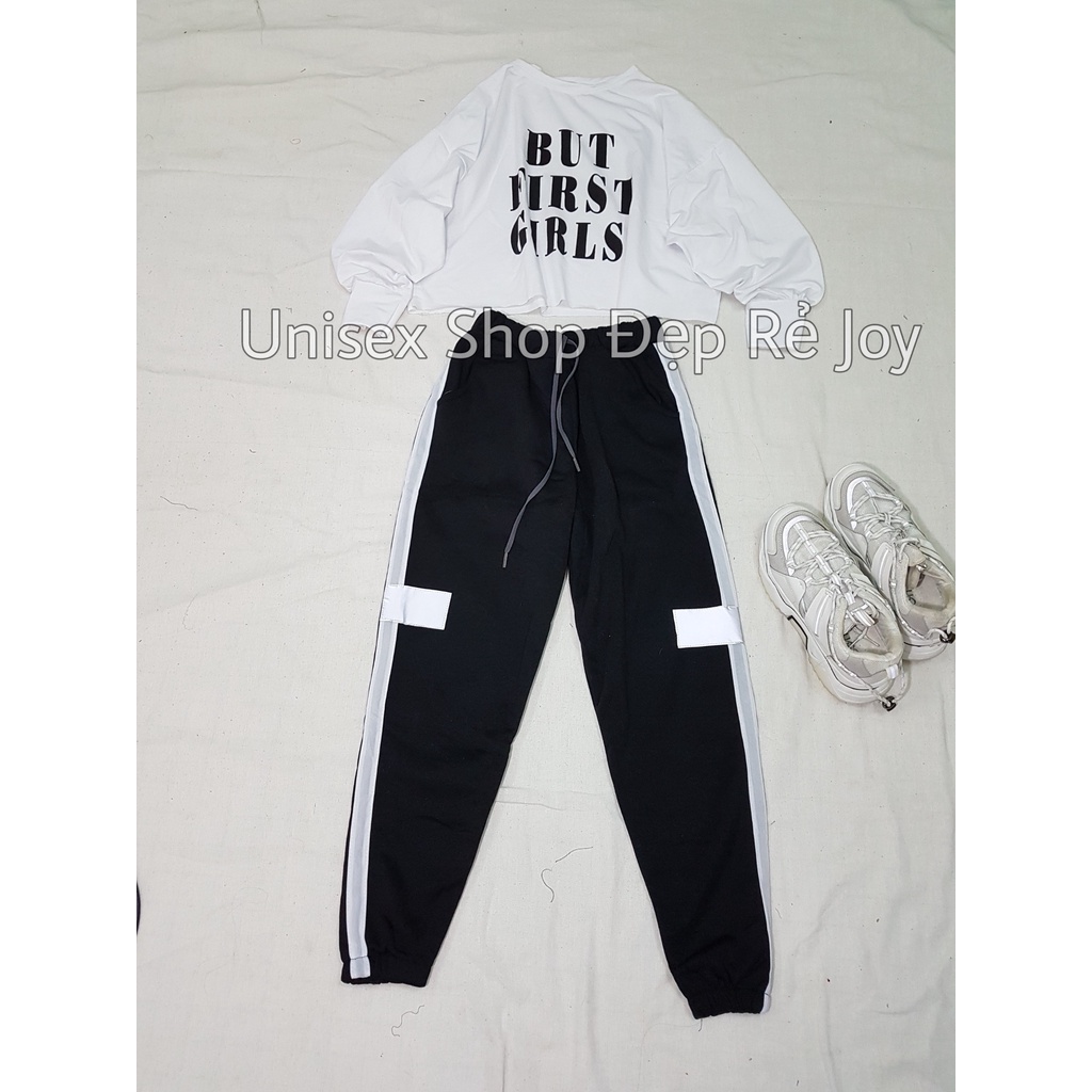 Áo thun croptop in chữ chất  JOY BABE, form siêu rộng tay dài, áo kiểu nữ trắng đen cool, phom to But First CRRD 4 -1E
