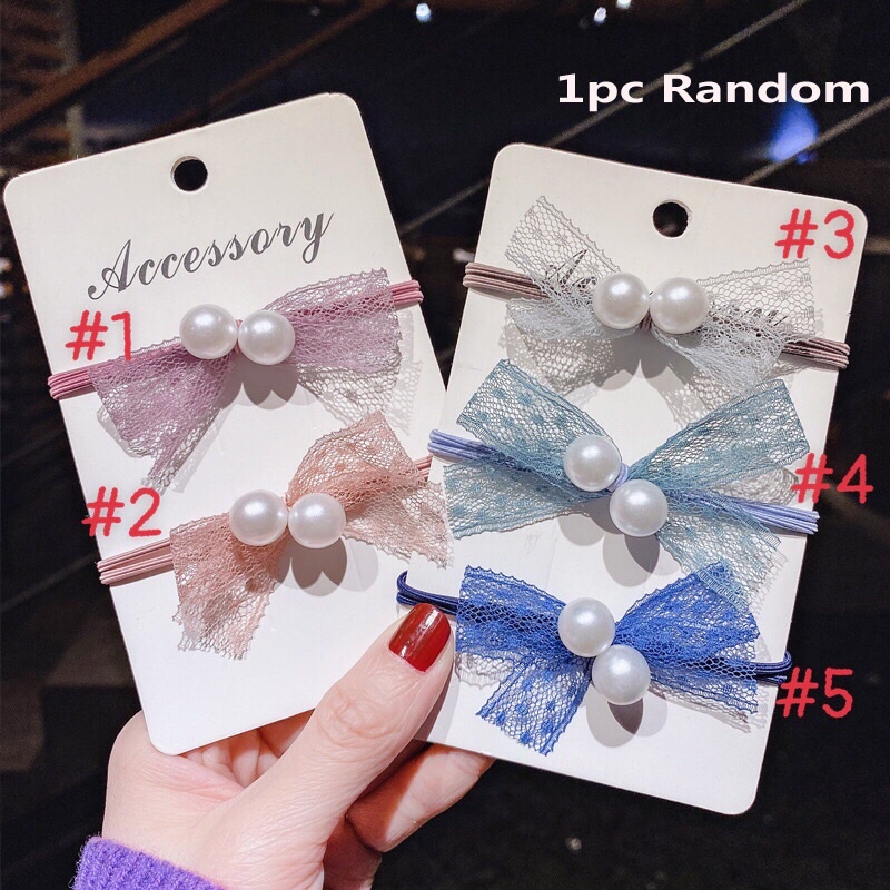 Dây buộc tóc đính nơ ren và hạt châu trắng cute