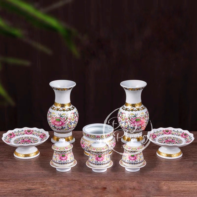 Bộ Đồ Thờ Cúng - Set Đồ Thờ Gốm Sứ Hoa Văn Hồng Liên cao cấp