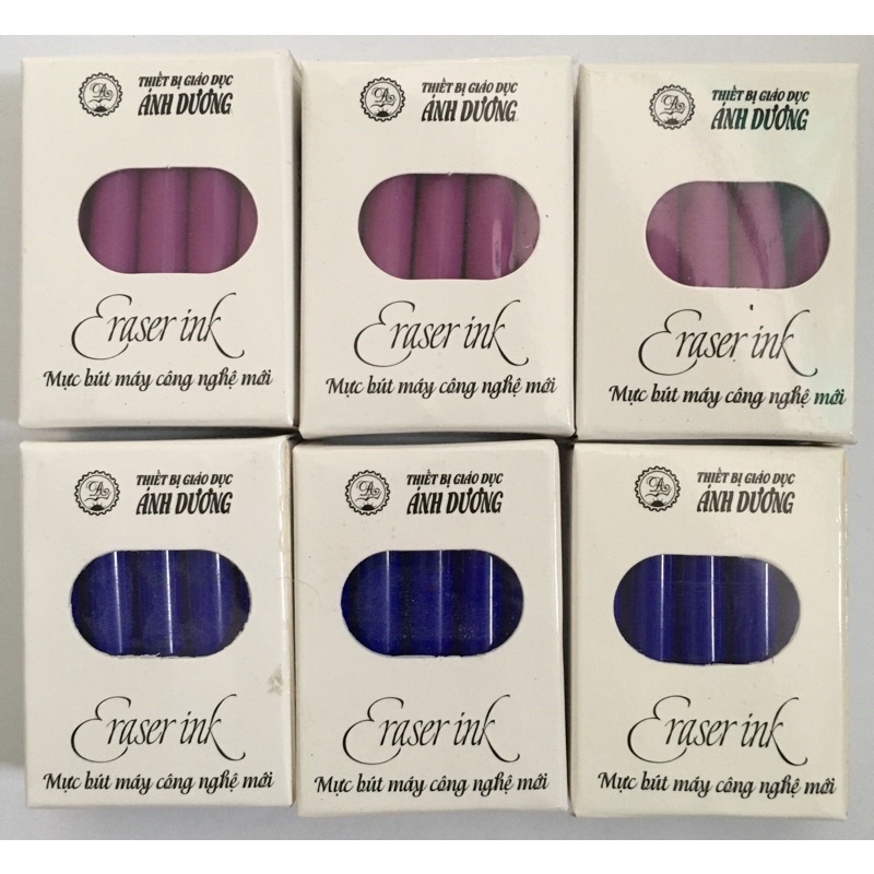 Hộp 10 ống mực dành cho bút máy xoá được,tím và xanh