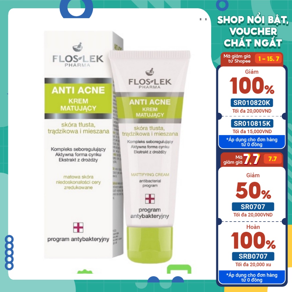 Kem dưỡng FlosLek Anti Acne Mattifying Cream 50ml kiểm soát dầu nhờn dành cho da dầu mụn, da hỗn hợp