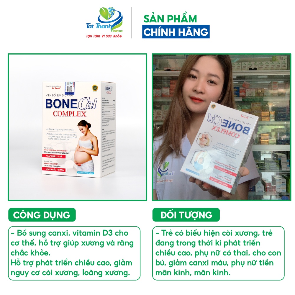 Viên bổ sung canxi Bonecal Complex Tất Thành Pharma giảm nguy cơ còi xương phát triển chiều cao 30 viên