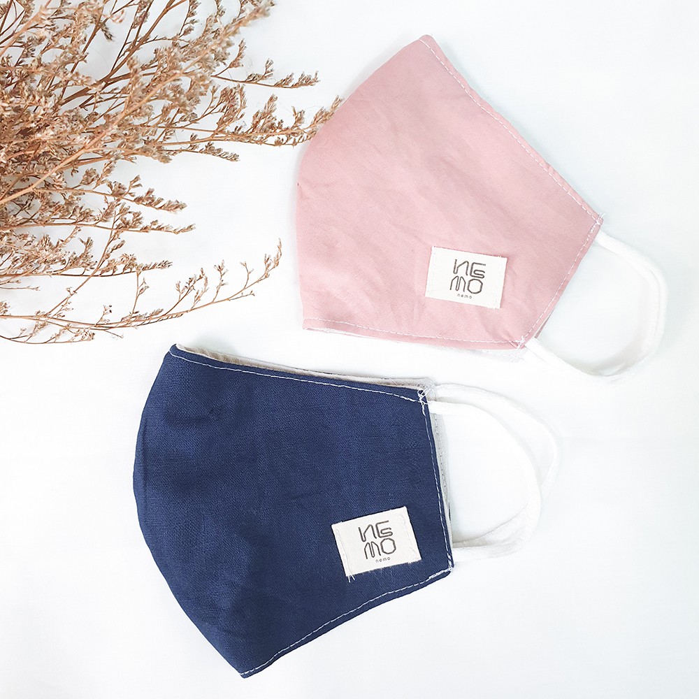 Khẩu Trang Linen Trơn 3 lớp Logo Nemo, có nút tăng giảm dây tiện dụng