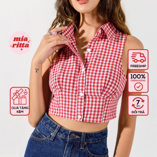 Áo sơ mi cổ yếm nhún ngực khuy trước Texas Top  Mia Ritta A2097