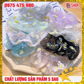 Scrunchies vải lưới in hoa cúc trắng - dây buộc tóc thời trang