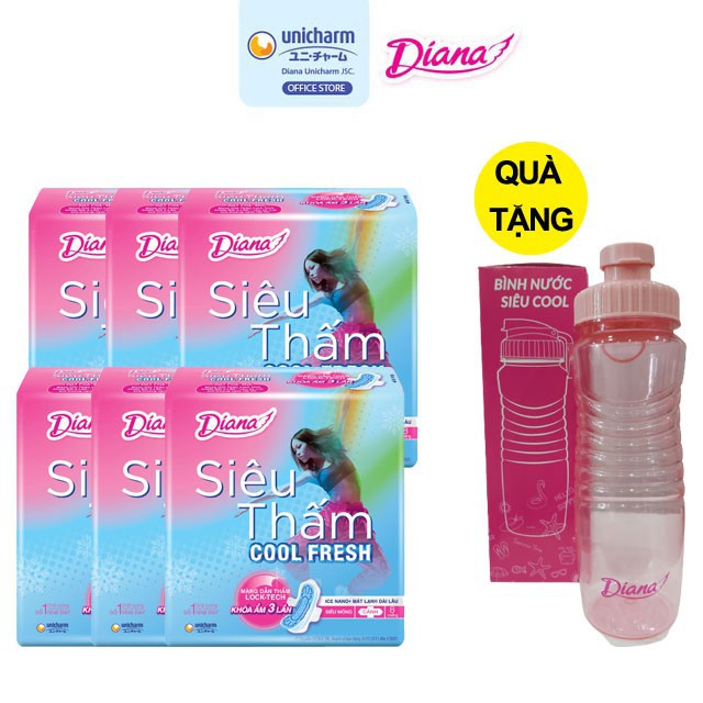 Combo 6 gói Băng Vệ Sinh Diana siêu thấm COOL FRESH cánh gói 8 miếng tặng kèm 1 Bình nước