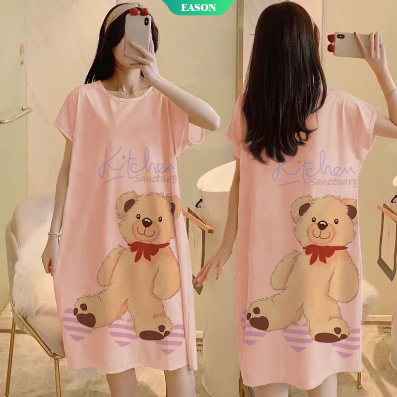 Đầm Ngủ Tay Ngắn Chất Liệu Lụa Mềm In Họa Tiết Hoạt Hình Xinh Xắn