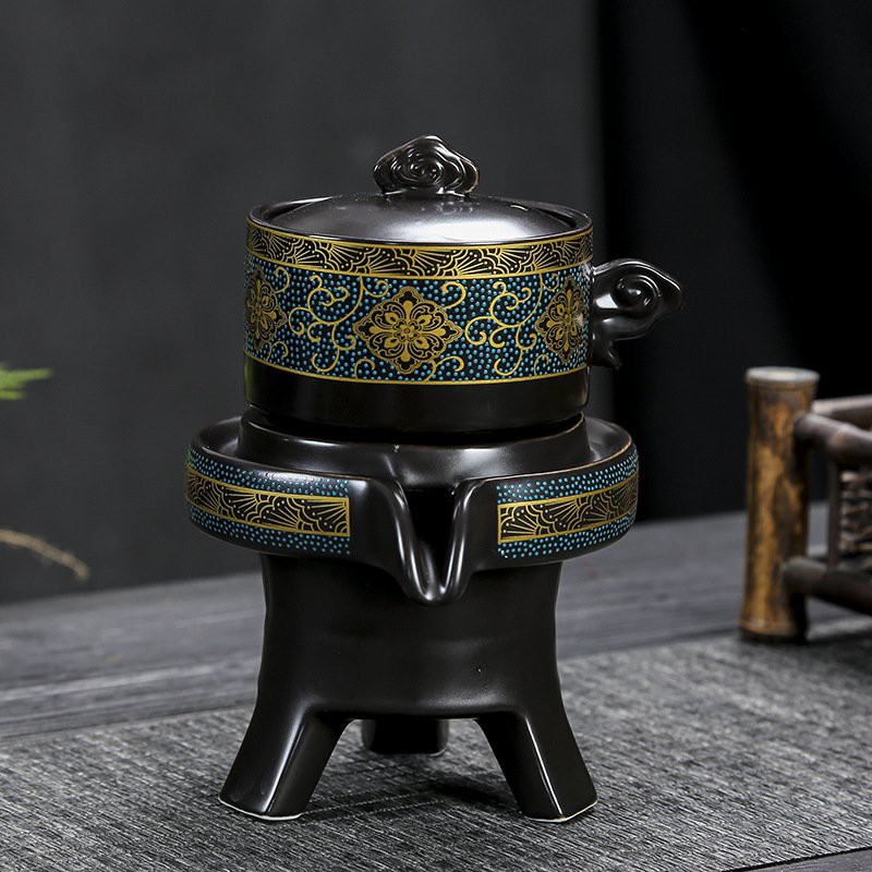 Bộ Ấm Chén Pha Trà Cối Xay - Xanh Đen Vàng (bao gồm 1 ấm trà, 6 chén trà và 1 bộ cối xay) kèm hộp quà tặng.