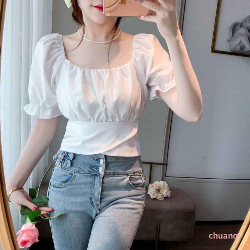 Áo Thun Ngắn Tay Cổ Vuông Thắt Nơ Sau Lưng In Họa Tiết Hoa Thời Trang Mùa Hè Cho Nữ