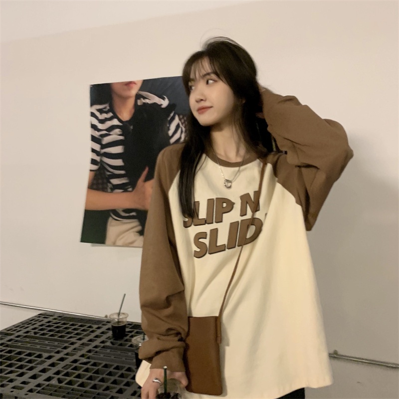 Ethelgirl Áo Thun Tay Dài Dáng Rộng Rãi Hoạ Tiết In Chữ Phong Cách Hàn Quốc Thời Trang Có 2 Màu Tùy Chọn Sành Điệu Cho Nữ
