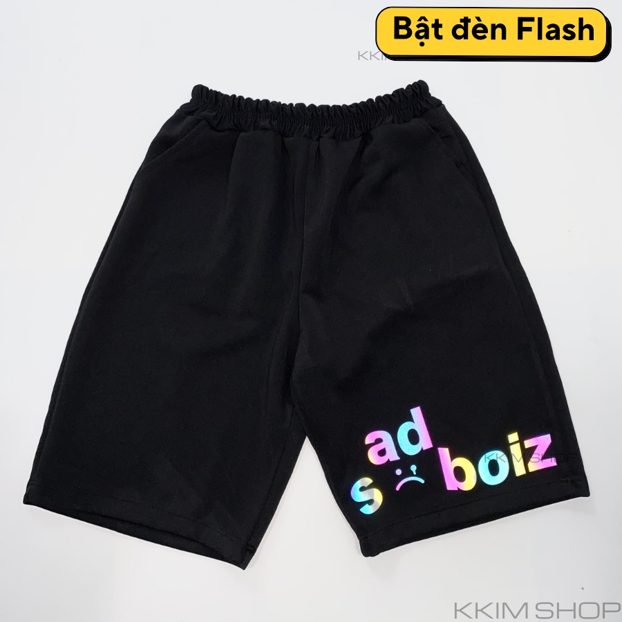 QUẦN Short Sadboiz  Nam Nữ, Quần đùi  form rộng unisex, lửng cộc ngắn đen chất vải Poly 2 DA, in phản quang đa sắc