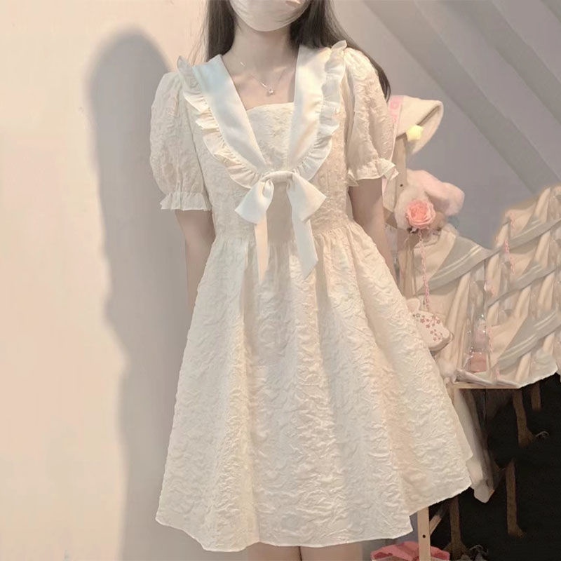 Đầm Công Chúa Tay Phồng Đính Nơ Phong Cách Nhật Bản Dễ Thương Thời Trang Mùa Hè Cho Nữ