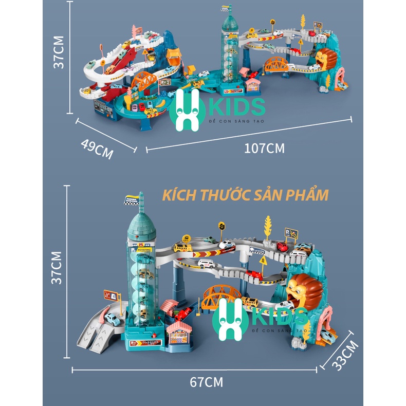 Đường ray ô tô sư tử kết hợp đường đua khủng long sẵn nhiều o to chạy tự động phát nhạc, đèn led phát sáng
