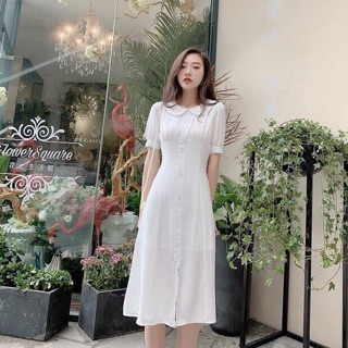 Đầm midi trắng xanh cổ sen dáng dài thanh lịch (kèm hình thật)