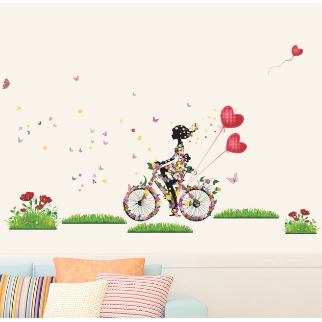 Decal trang trí Cô Gái Chạy Xe Đạp Hoa
