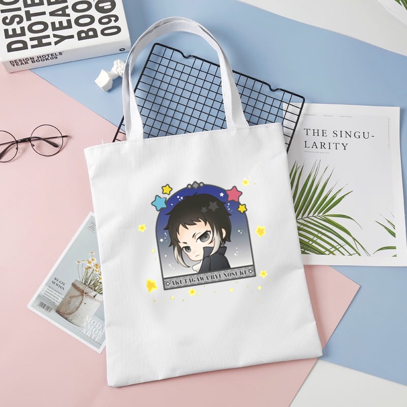 Túi tote vải đen trắng in hình anime chibi BUNGOU STRAY DOGS dễ thương