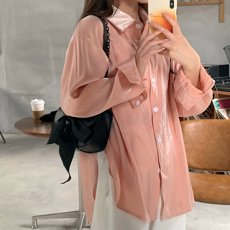 Áo sơ mi nữ dài tay màu hồng sáng nhũ phong cách cổ điển