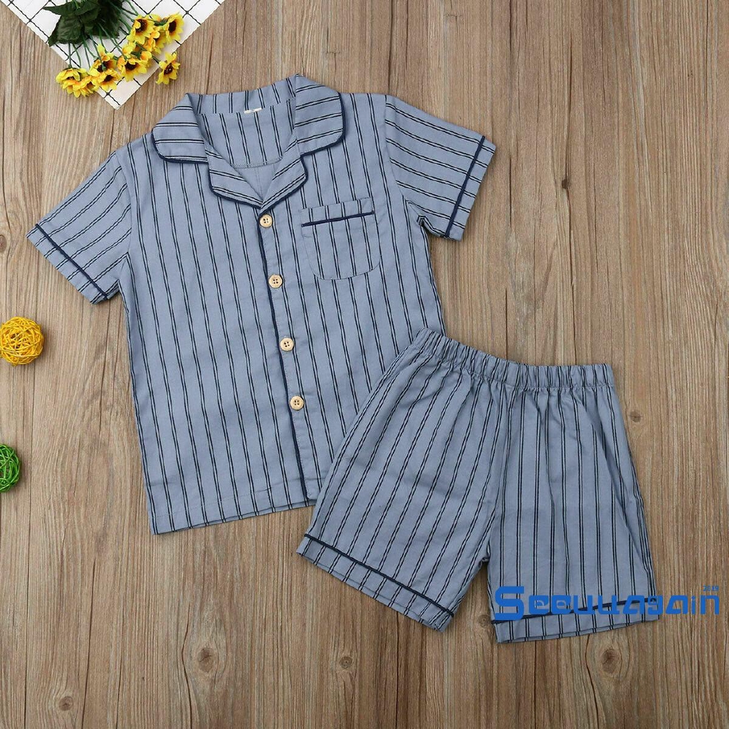 Bộ đồ ngủ pajamas ngắn tay họa tiết sọc ngang cho bé