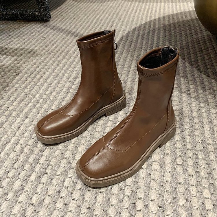 Giày Boot Mũi Tròn Màu Trơn Phối Khóa Kéo Sau Phong Cách Hàn Quốc Thời Trang