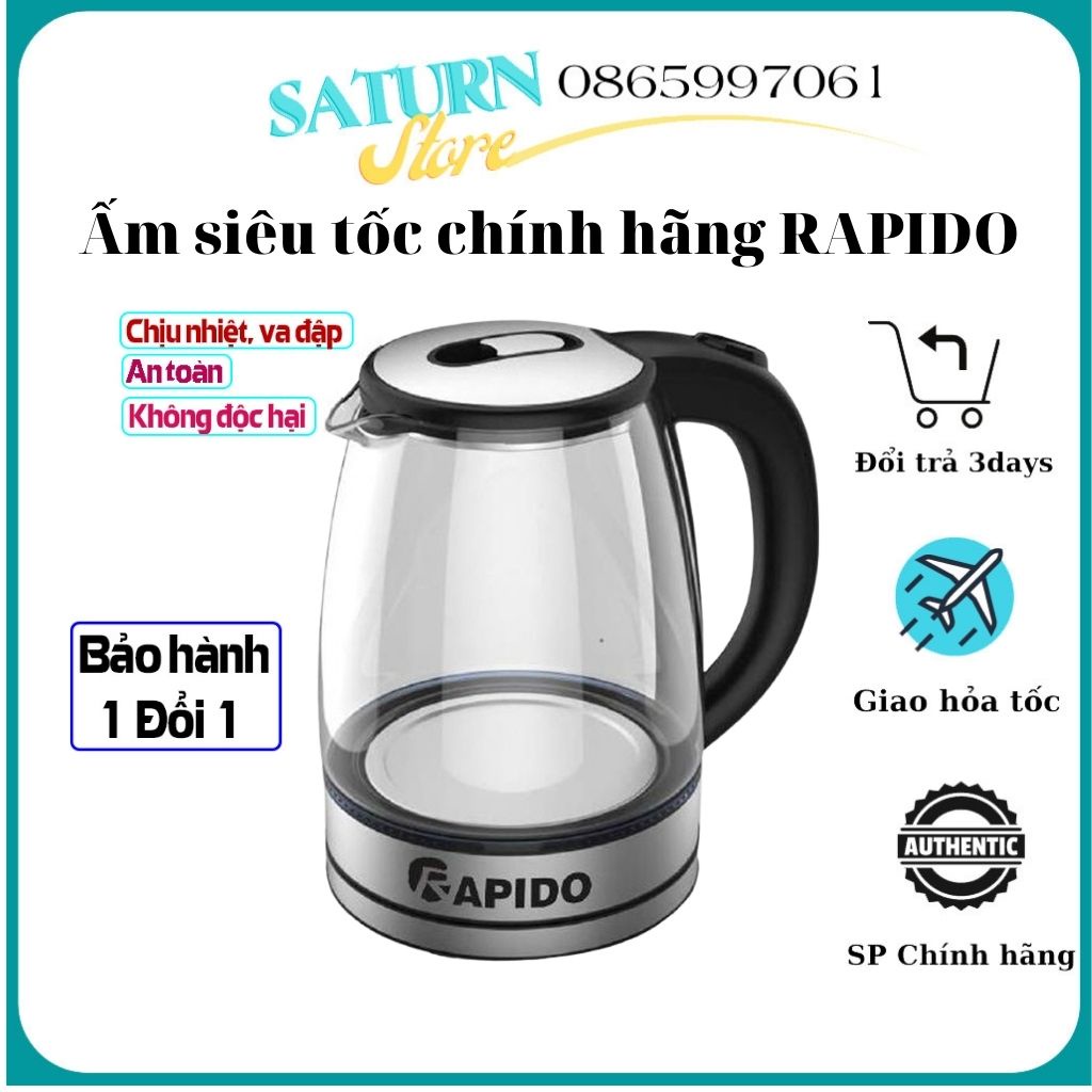 Ấm siêu tốc thủy tinh, Bình đun siêu tốc Rapido RK1818, 1800 W, 1,8 lit nước sôi trong một nốt nhạc- Bảo hành chính hãng
