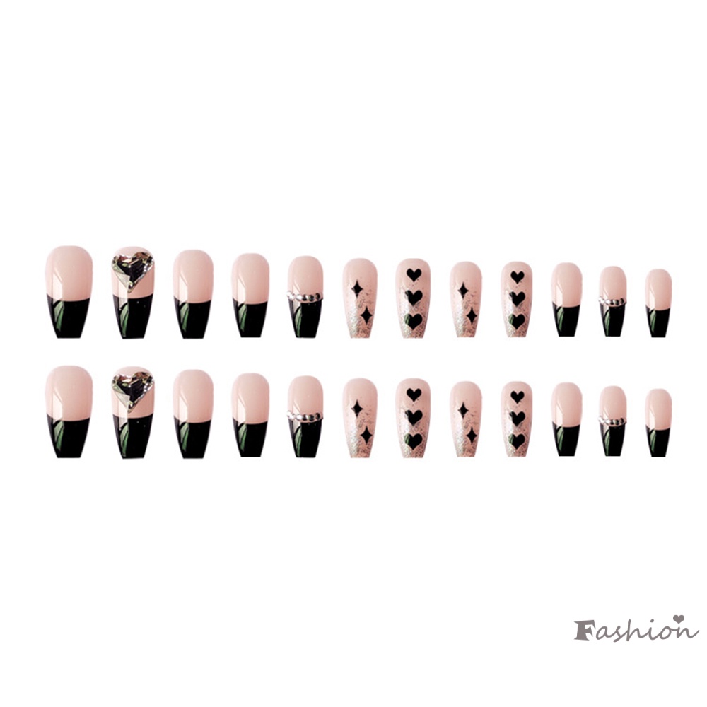 Set 24 Móng Tay Giả Màu Đen Họa Tiết Trái Tim Dễ Thương Bắt Mắt
