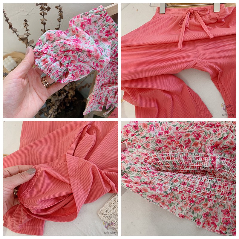 Set áo kiểu in hoa + quần dài ống rộng dành cho bé gái