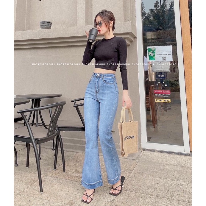Quần jean ống loe lưng cao tôn dáng, quần bò dáng loe lưng cao gấu gập