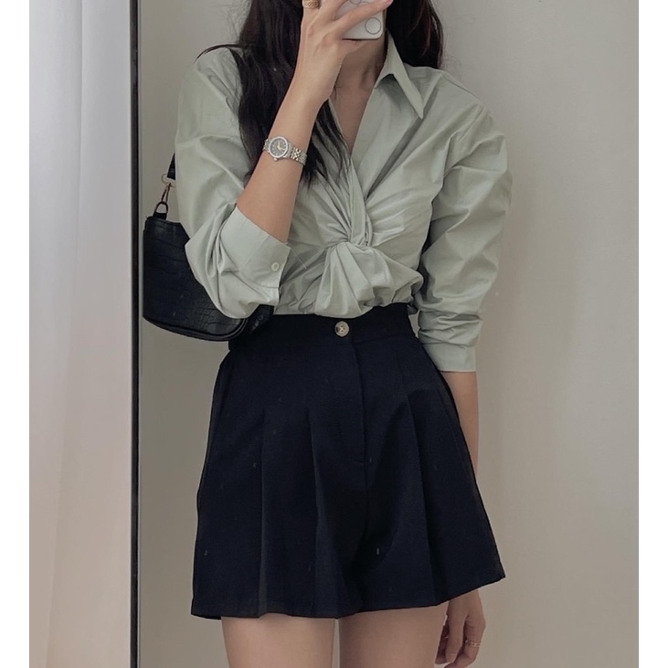 [Ảnh thật/Sẵn/Video]Áo sơmi thô xoắn ngực style Ulzzang | BigBuy360 - bigbuy360.vn