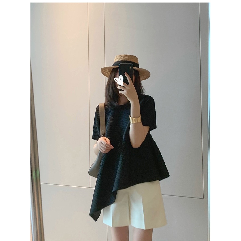 Issey Miyake Xếp Ly Top Không Đều Nửa Tay Top Mùa Hè Xếp Ly Rời Giữa Chiều Dài Niche Slimer Look t @
